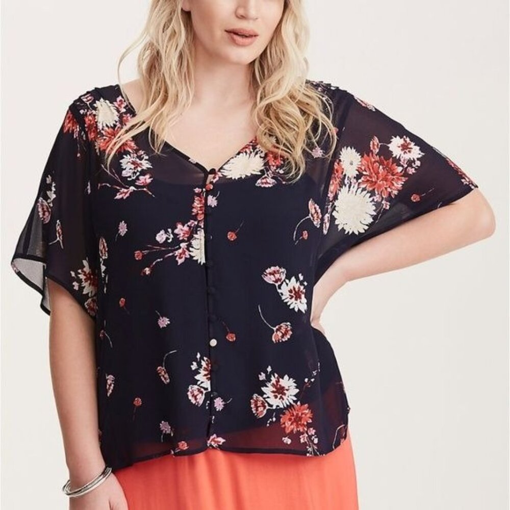 Torrid 0 Blue Floral‎ Sheer Top V Neck 12 L Dainty Flowers Button Up Chiffon